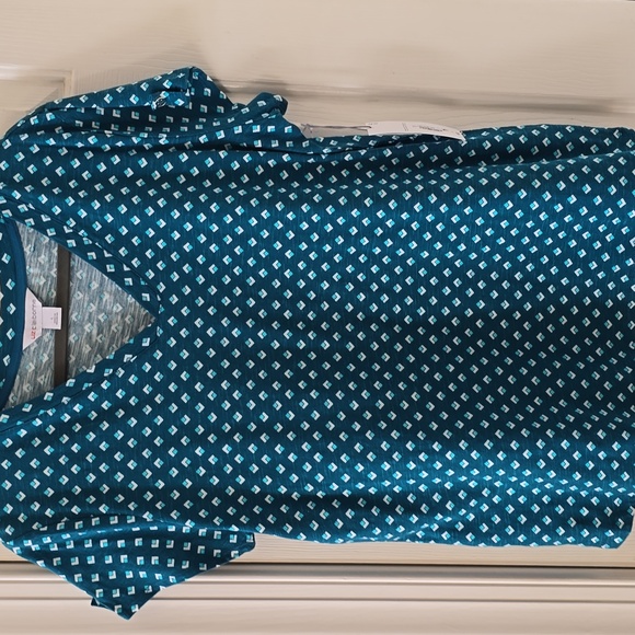 LIZ CLAIBORNE WOMENS SHORT SLEEVES SUMMER V-NECK TEAL SYMMETRICAL TOP SIZE LARGE - Picture 1 of 14